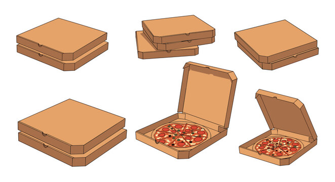 Several pizza boxes in different states of opening showing pepperoni pizza inside and stacked cardboard containers.