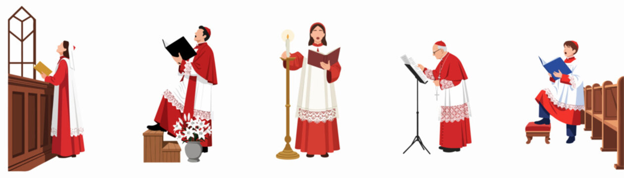 Collection of flat vector illustrations depicting church choir members and altar boys in traditional red and white liturgical vestments during a religious service.