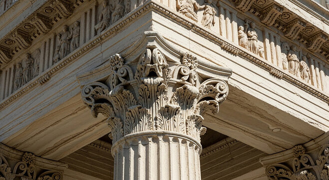 Close-up of ornate white column with balcony