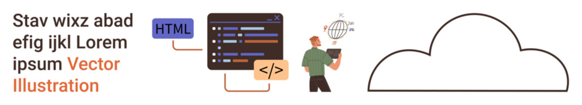 Web development, cloud computing, coding, software design, programming, data processing. A person working on code, icons show HTML cloud and coding tags. Web development and cloud computing concept