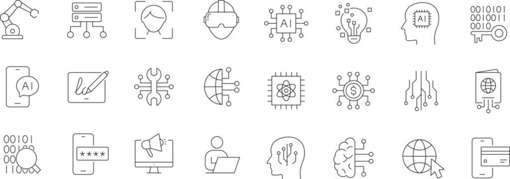 Digitalization icon set. Editable line icons. Containing setting, technology, virtual data, digital tech, embedded system, binary, circuit and more.