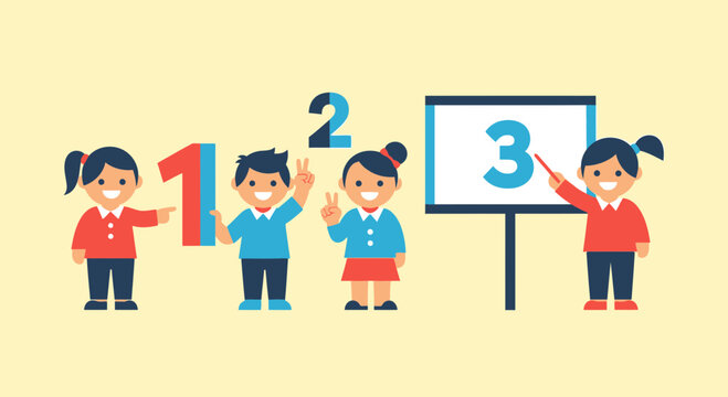 Children learning numbers 1, 2, 3 with whiteboard and teacher