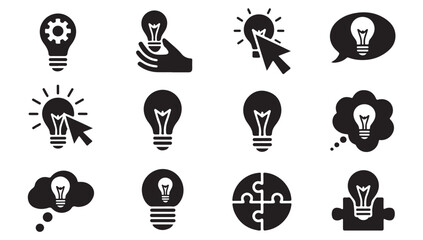 Innovation and creative thought icon collection with lightbulbs and puzzle pieces flat style. © MD.RAHIM