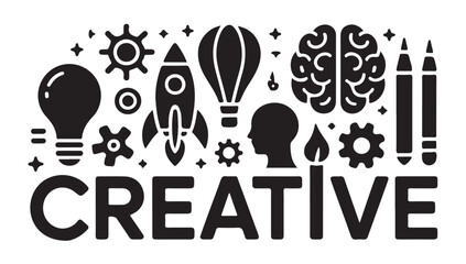 Creative typography banner with diverse innovation symbols including rocket brain and gears. © MD.RAHIM