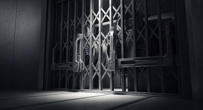 Intricate Security Scanner Door Mechanism with Visible Metal Grille and Access Control Systems