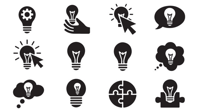 Innovation and creative thought icon collection with lightbulbs and puzzle pieces flat style.