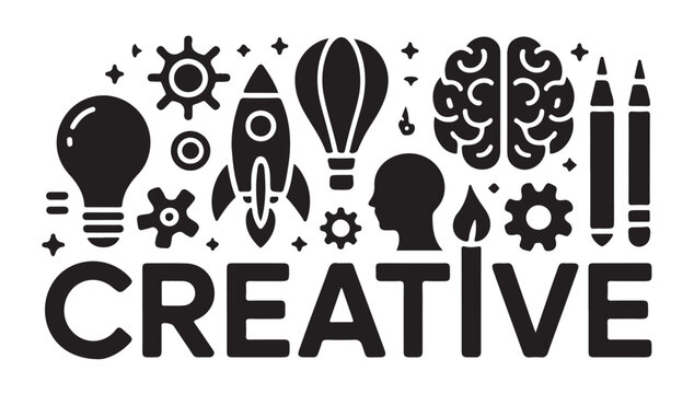 Creative typography banner with diverse innovation symbols including rocket brain and gears.