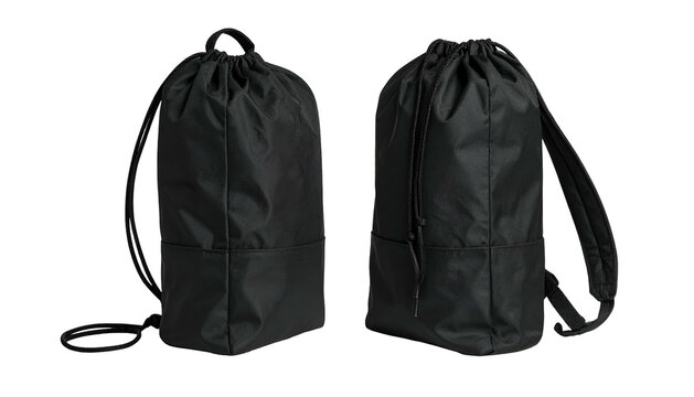 Two dark drawstring backpacks against a black background, front and side