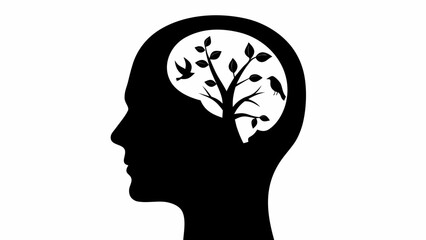 Symbolic silhouette of a human head profile revealing a flourishing tree with birds inside the brain cavity representing thoughts creativity and nature's connection to the mind © Rafi