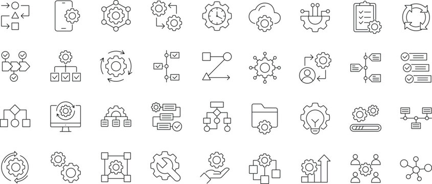 Workflow icon set. Editable stroke. Work process related line icons: networking, scheme, timeline, method, gear, management, planning, diagram, flowchart and more.