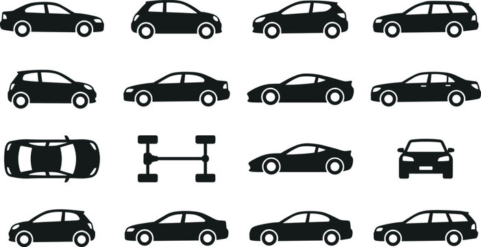 Vector set of car silhouette icons featuring sedan hatchback coupe station wagon top view front view and chassis,