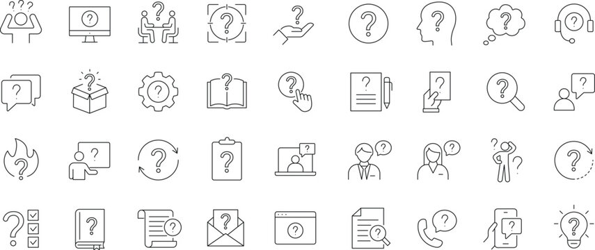 Question icon set. Editable line icons. Containing problem, confusion, ask, question mark, help, speech, button, chat, questioning, problem solve and more.