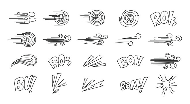 Large set of comic book action marks manga speed lines and expressive sound effect text like boom and roh for graphic novels.