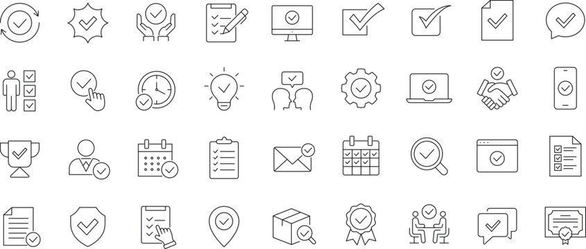 Checkmark icon set. Editable line icons. Containing check, accept, agree, selected, confirm, approve, correct, complete, checklist, verified and more.