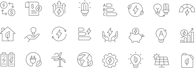 Energy efficiency icon set. Editable line icons. Containing energy saving, electricity, sustainability, light bulb, consumption, ECO, environment and more. © Mayesa