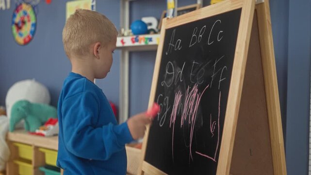 Boy practicing letters on a chalkboard easel with pink chalk near toy shelves in a colorful playroom building; concentration learning.