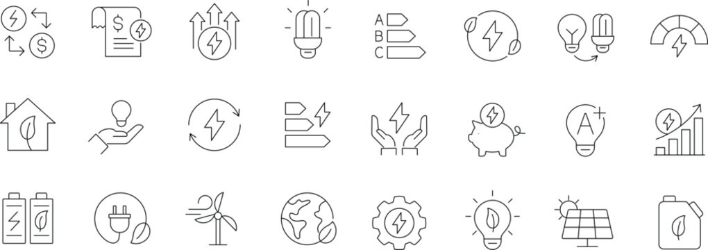 Energy efficiency icon set. Editable line icons. Containing energy saving, electricity, sustainability, light bulb, consumption, ECO, environment and more.