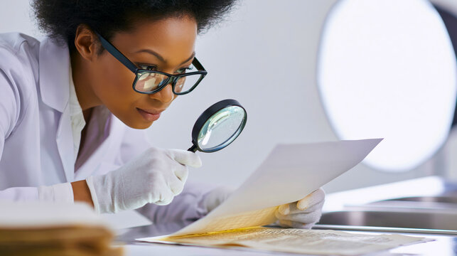 African American female archivist examining historical document with magnifying glass
