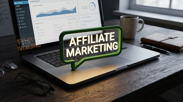 Affiliate Marketing Concept: A laptop displaying affiliate marketing concept. This image would be perfect to represent the ideas of online business