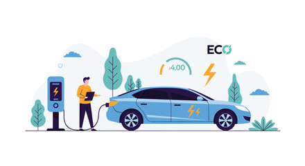 Naklejka premium Man at a modern electric vehicle charging station with a blue sedan and eco friendly energy concepts concept.