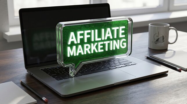 Affiliate Marketing Concept: A laptop displays an Affiliate Marketing message in a speech bubble, symbolizing digital marketing strategies.