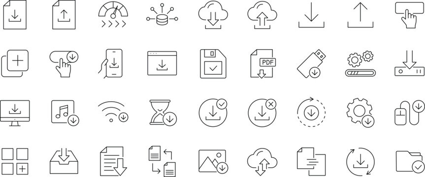 Download icon set. Editable line icons. Containing upload, document, arrow, link, folder, download file, data, PDF, cloud storage, web, button and more.