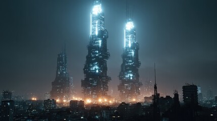 Obraz premium Futuristic compute power towers above digital city artificial intelligence infrastructure concept