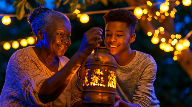 Grandmother and grandson holding a vintage lantern at night celebration