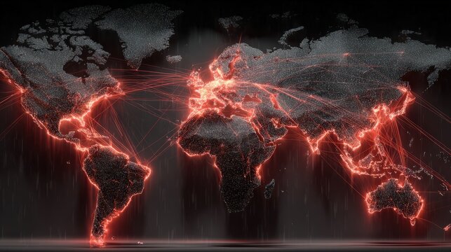 Global cybersecurity and geopolitical tension background with disrupted digital world network map