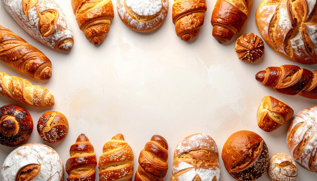 Assorted bread and pastries arranged neatly, wide top view composition, empty copy space, bright neutral background