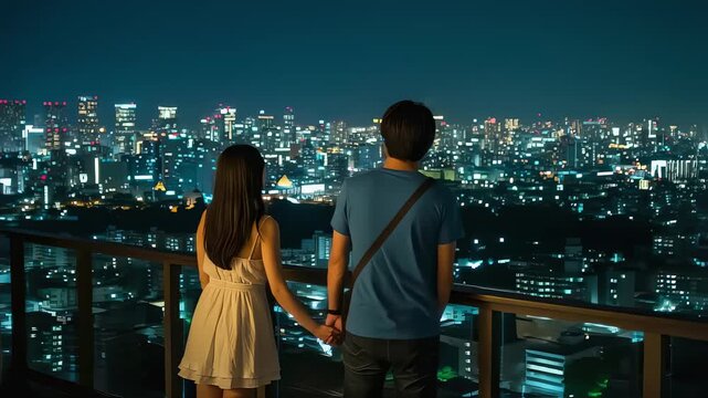 夜景の見えるバルコニーで手を繋ぐカップルの後ろ姿