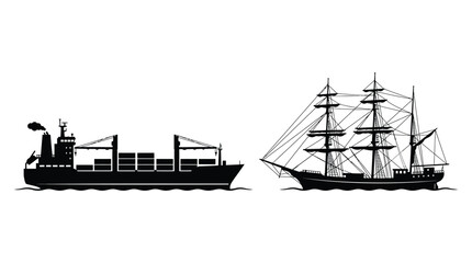 Ship silhouettes including a cargo ship and a sailing ship on water © Vector Hub24