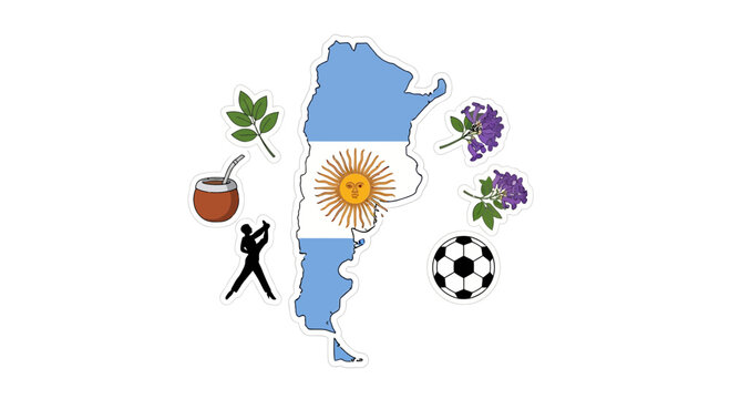 Argentina Map Flag with Cultural Symbols: Mate, Tango, Football, Flora