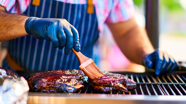 Professional pitmaster basting barbecue meat on outdoor grill