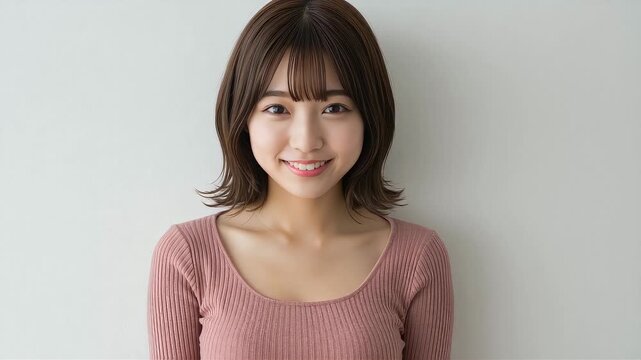ピンクのニットを着て正面を見つめ、優しく微笑むショートボブの日本人女性。
