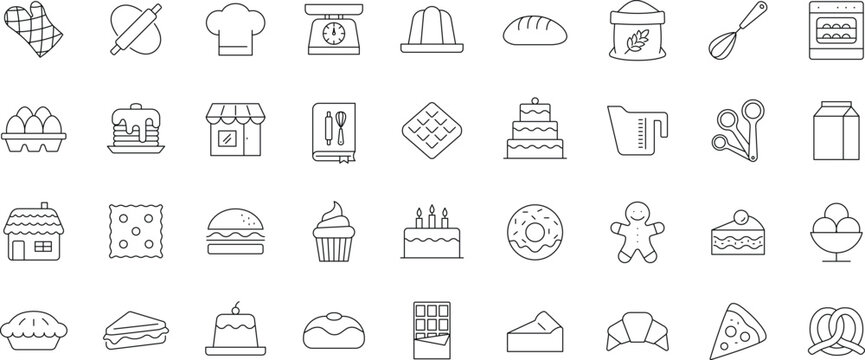 Bakery icon set. Editable line icons. Containing cookie, pudding, oven, baking tools, doughnut, bread, macaroon, muffin, pie, birthday cake and more.