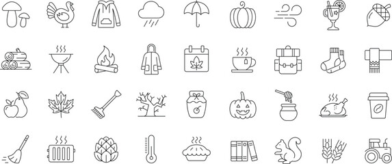 Autumn icon set. Editable line icons. Containing season, fall, Halloween, Thanksgiving Day, pumpkin, turkey, falling leaves, mulled wine, maple leaf, rain and more. © Mayesa