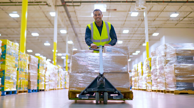 Warehouse worker pulling pallet jack with boxes in distribution center