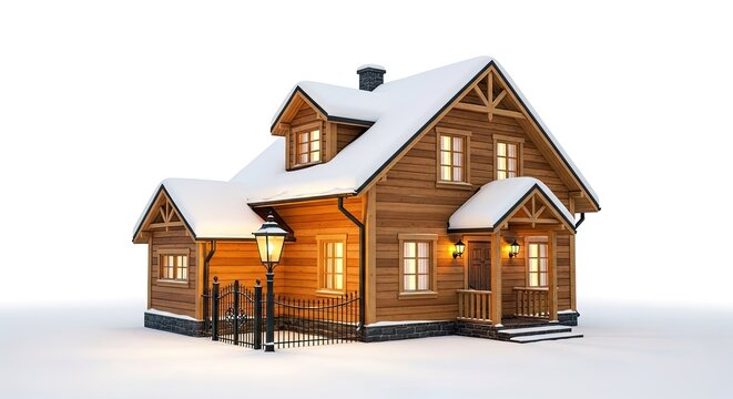 Cozy Wooden Cabin in Snow - Winter Home with Warm Lights