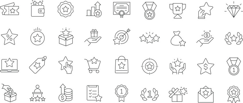 Benefit icon set. Editable line icons. Reward related icons: bonus, loyalty, star, employee benefit, winner, award, prize, incentive and more.