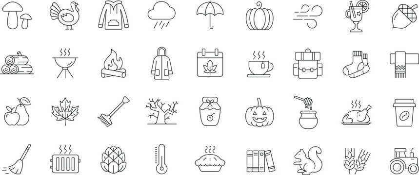 Autumn icon set. Editable line icons. Containing season, fall, Halloween, Thanksgiving Day, pumpkin, turkey, falling leaves, mulled wine, maple leaf, rain and more.