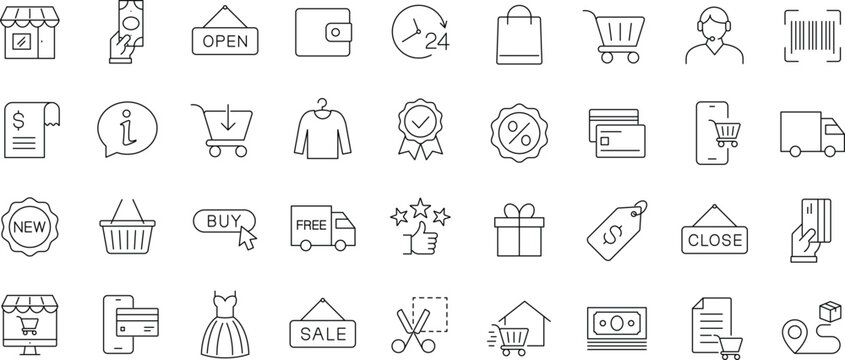 Shopping icon set. Editable line icons. Containing e-commerce, costumer, store, purchase, online shopping, promotion, shopping cart, gifts, price and more.