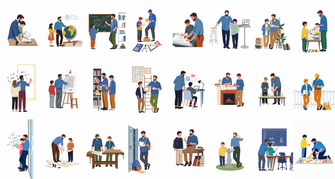 Collection of flat vector illustrations depicting a father or mentor guiding a boy through various educational, creative, and practical activities.