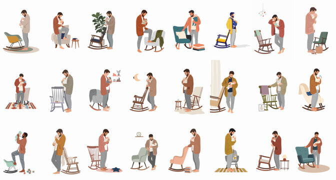 Vector illustration set of fathers caring for newborn babies in various nursery settings, including rocking, feeding, and holding their infants at home.