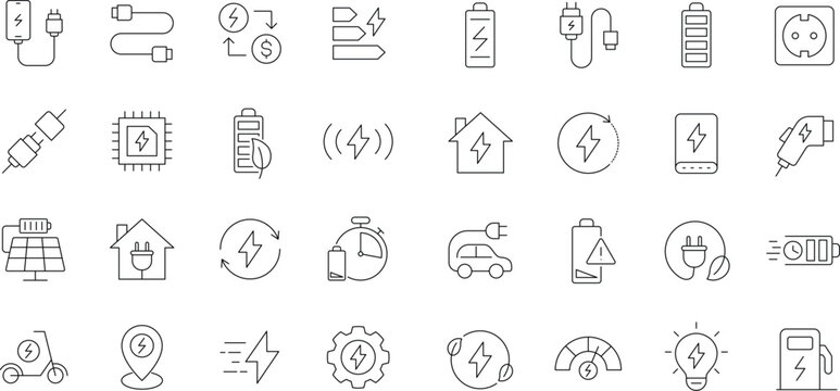 Charging icon set. Editable line icons. Containing charge, battery, energy, electricity, charger,recharge, electric car, electric socket and more.