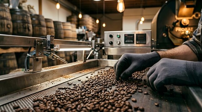 Expert hands carefully checking roasted coffee beans on a modern industrial cooling conveyor. Background features professional coffee roasting equipment and rustic wooden barrels in a roastery.
