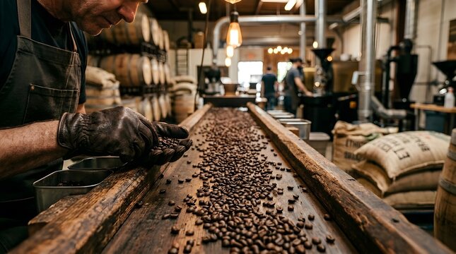Professional coffee roasting facility. Artisan worker inspecting freshly roasted beans on a production line. High-quality specialty coffee production concept with rustic industrial interior