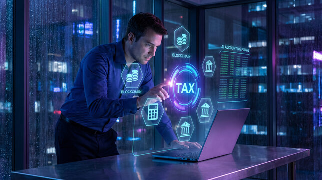 Businessman using futuristic digital interface for tax management