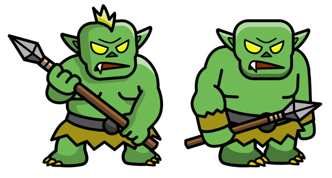オークのモンスターキャラクターセット（槍を持つファンタジー敵キャラ）/Orc Monster Character Set with Spear for Fantasy RPG Games