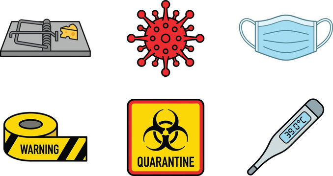 Health and safety icons: virus, mask, quarantine, warning, fever, and mousetrap.
